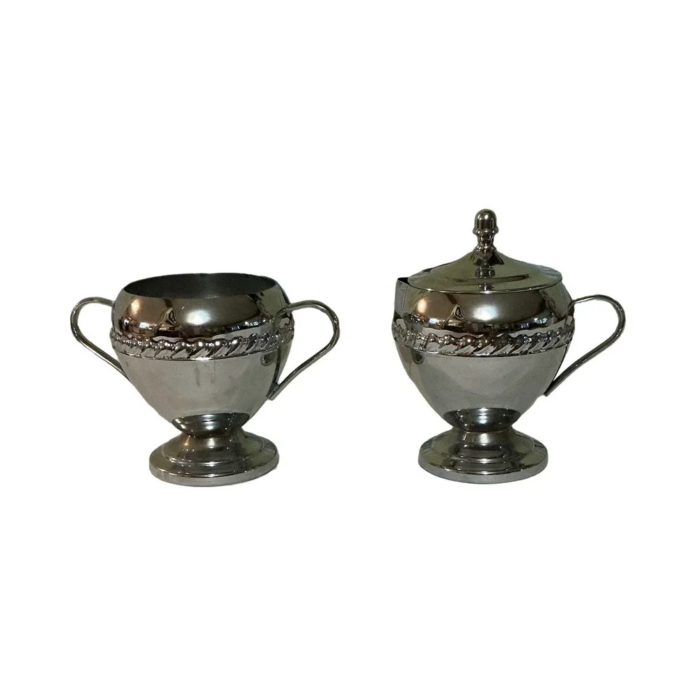 Vintage Silver Tone Footed Cream and Sugar Set with Lid Rope Detail 3.5in x 3in